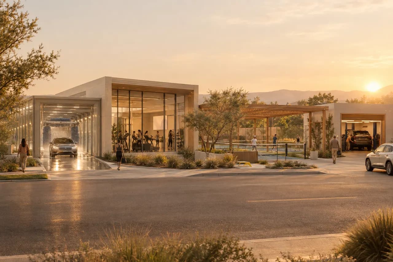 Illustration: a car wash, a gym, pickleball courts, and a quick-lube bay side by side on one street at golden hour