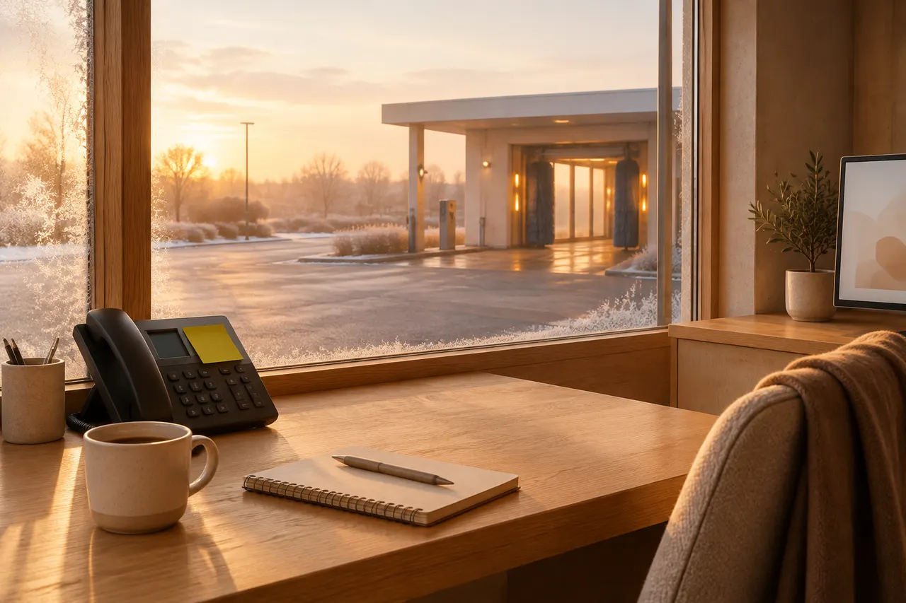 Illustration: a car wash office at dawn in winter, a desk phone on the counter and the wash tunnel outside the window