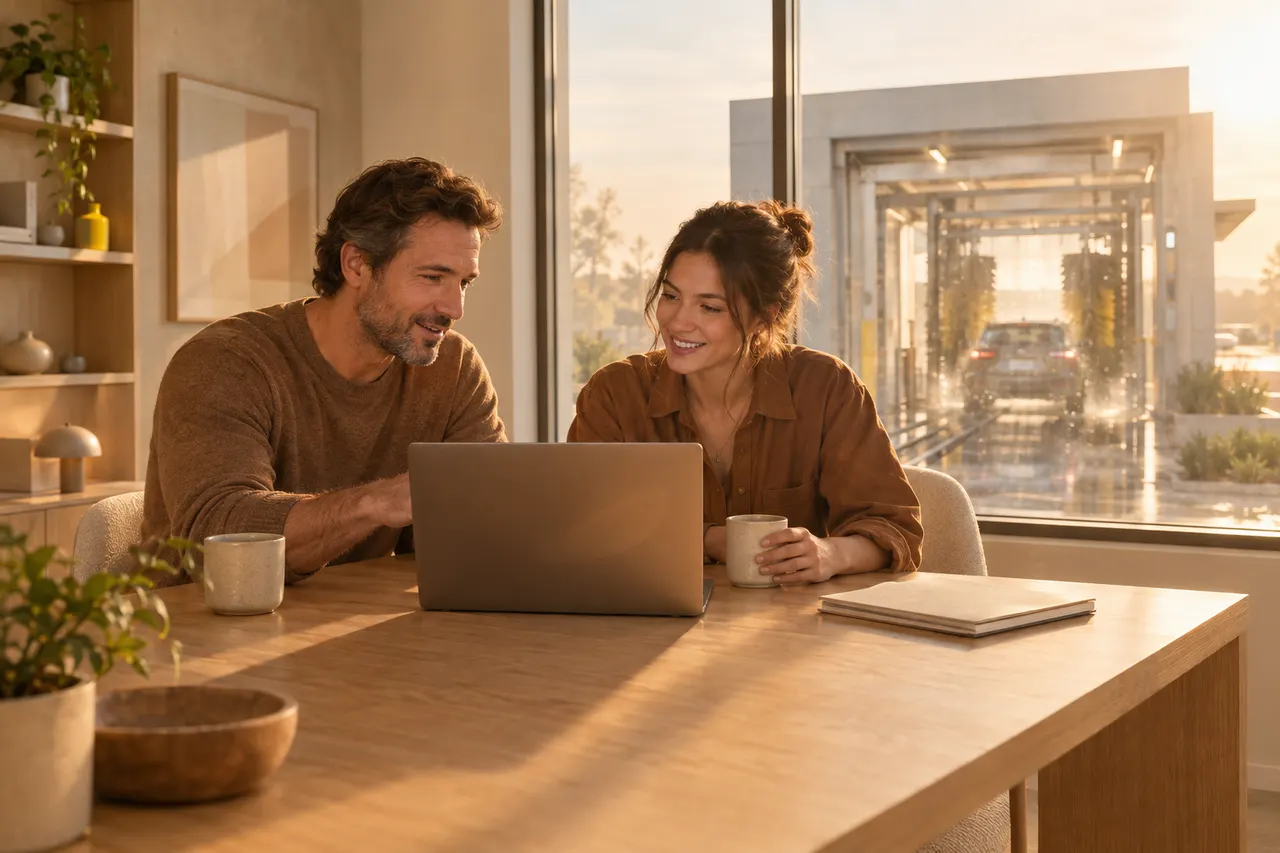 Illustration: a car wash owner and a teammate reviewing a laptop together at an office desk