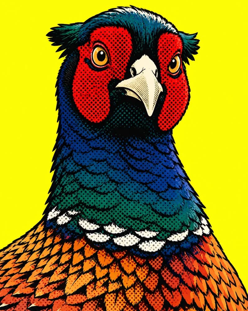 Pop-art illustration of a pheasant, drawn from the only known photo of Erick