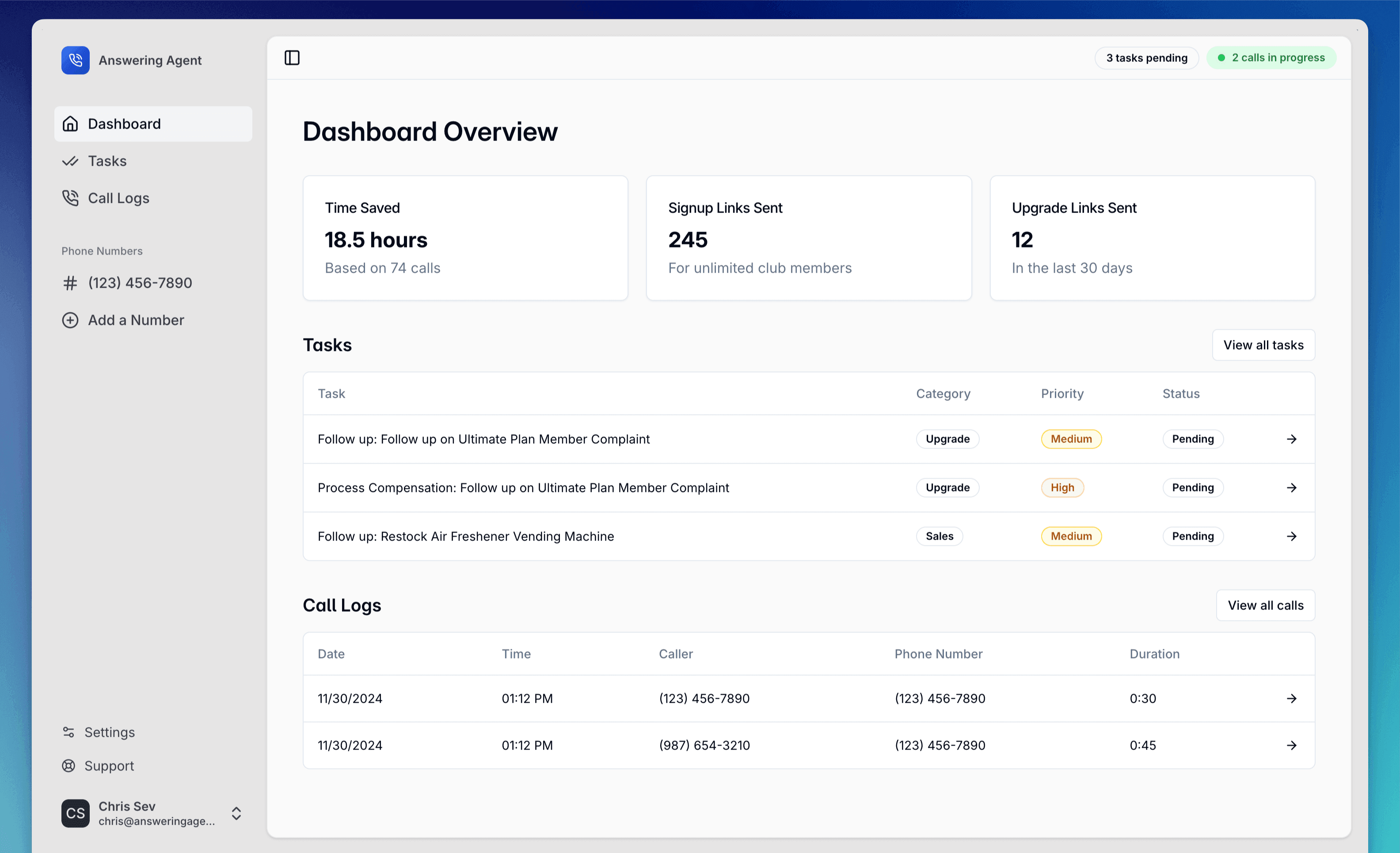 Answering Agent dashboard screenshot
