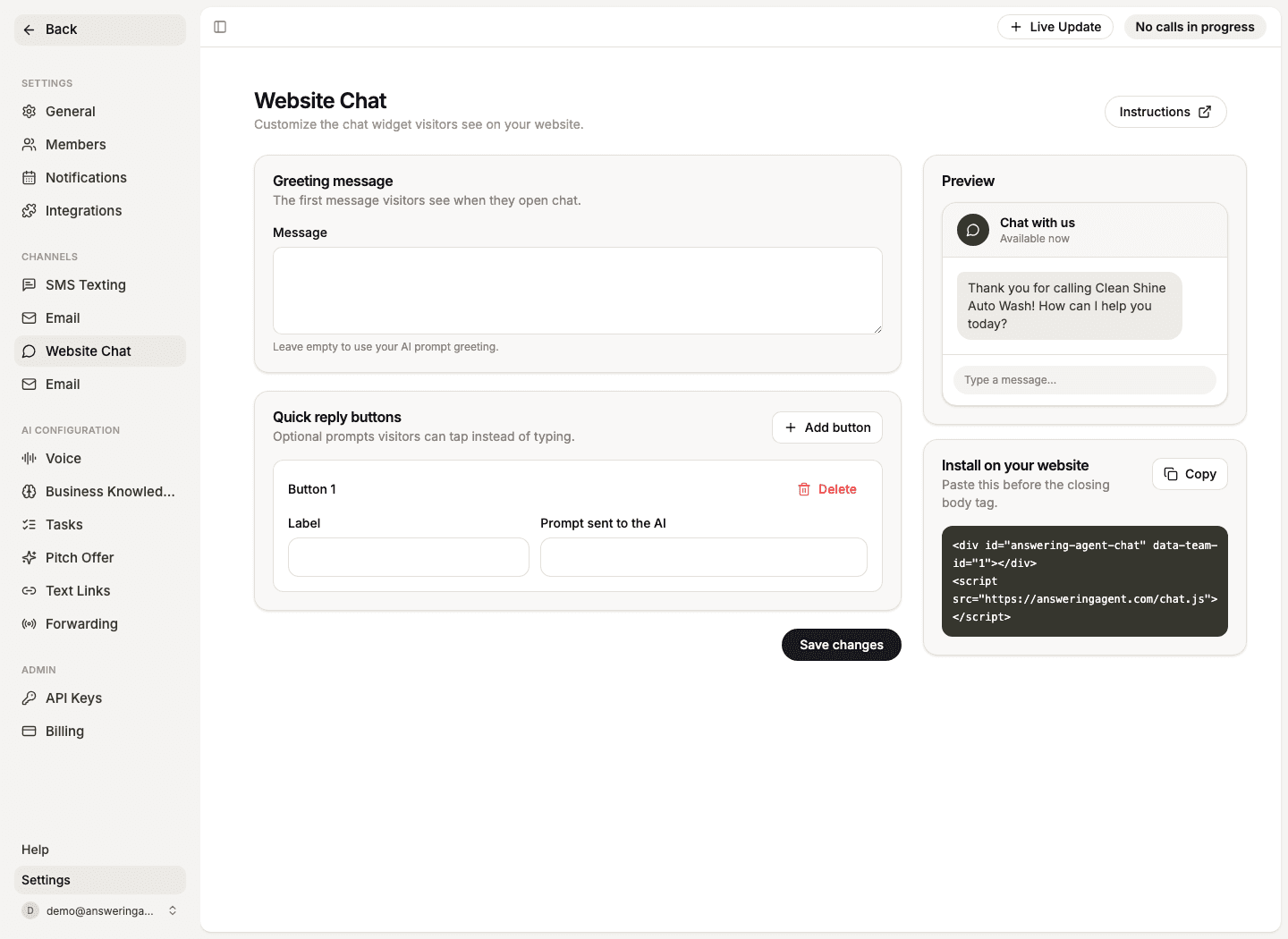 Answering Agent Website Chat settings screenshot