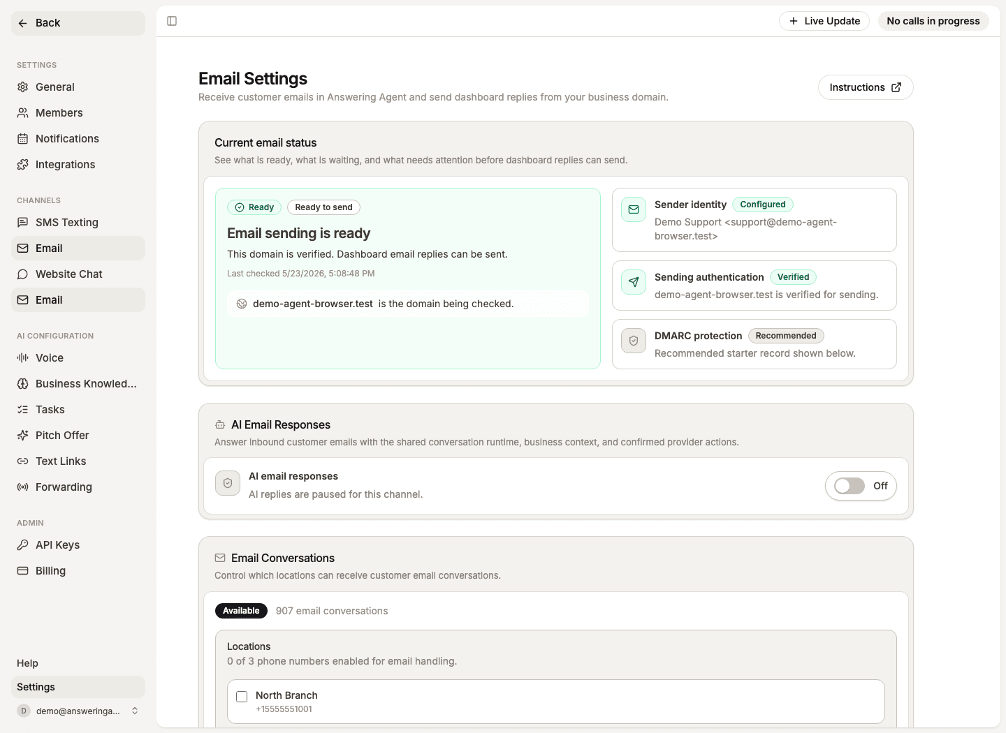 Answering Agent Email settings screenshot