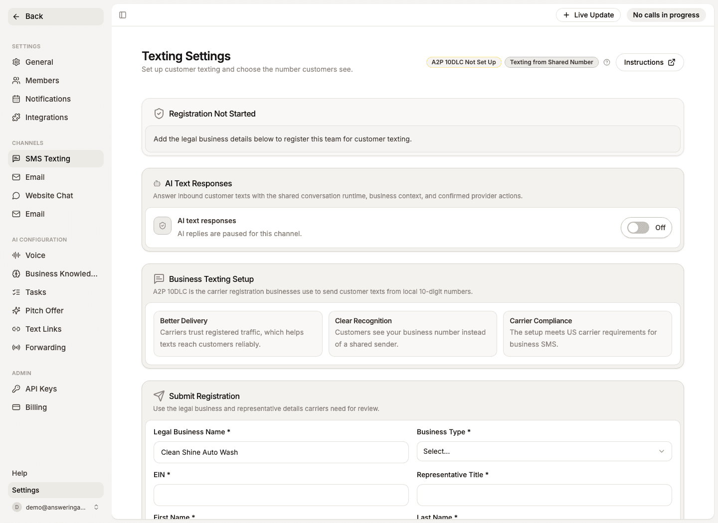 Answering Agent SMS settings screenshot