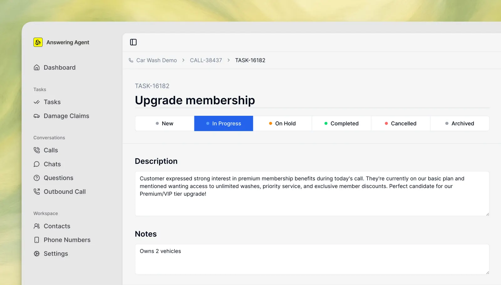 Answering Agent task dashboard screenshot